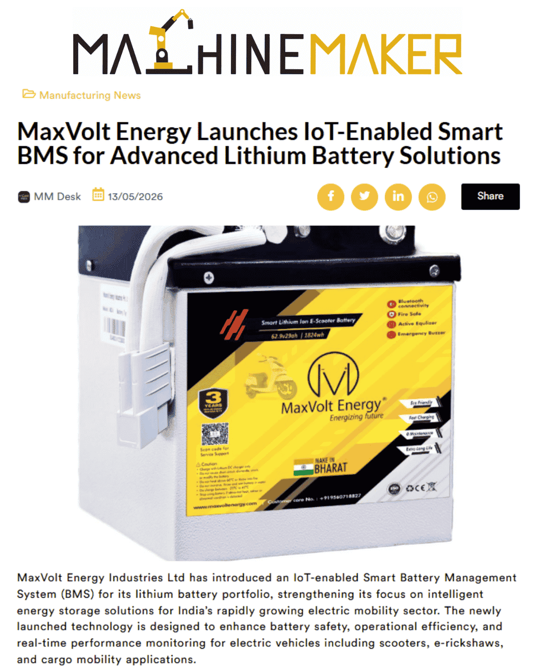Maxvolt Energy Launches IoT-Enabled Smart BMS for Smarter Lithium Battery Solutions