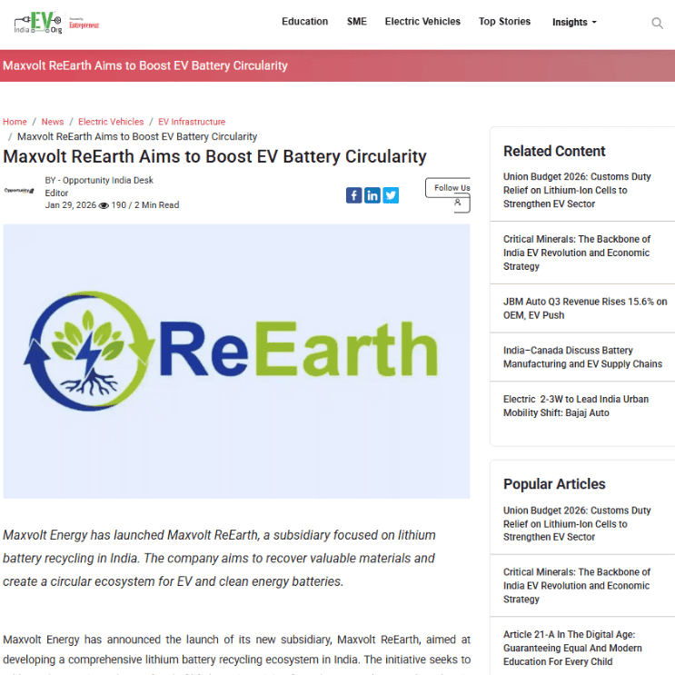 Maxvolt ReEarth — Closed-Loop Recycling