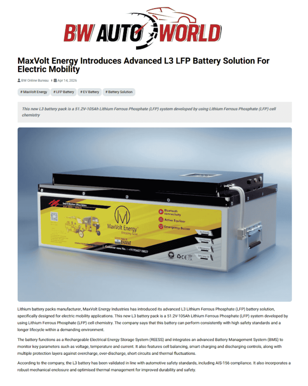Maxvolt Energy Launches Advanced L3 LFP Battery Solution for Electric Mobility