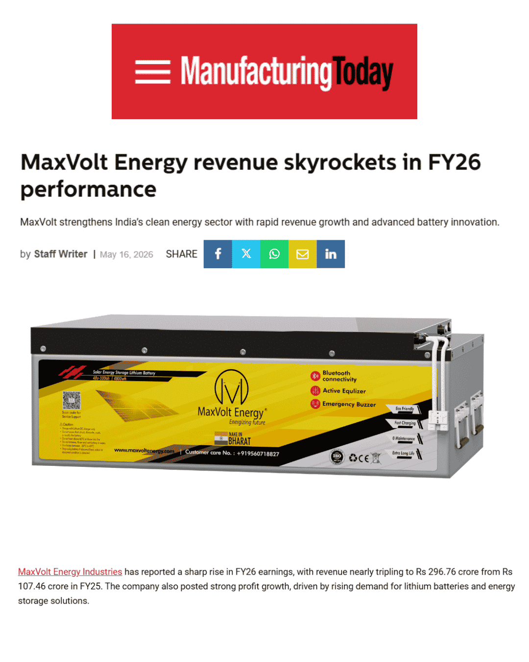 Maxvolt Energy Crosses ₹100 Crore Revenue Mark, Strengthening Its Position in India's Lithium Battery Sector