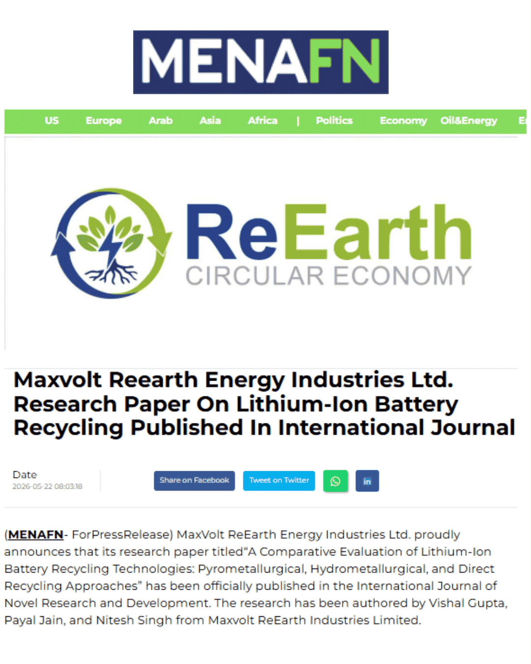 Maxvolt ReEarth Research Paper on Lithium-Ion Battery Recycling Published Internationally